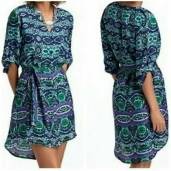 Anthropologie Dresses & Skirts - Anthropologie Maeve Ikat‎ Blue Green High Low Shirt Dress J4